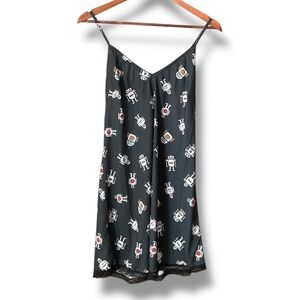 ModCloth Breakfast for Dinner Blue Black Robot Lace Trim Spaghetti Strap Nightie